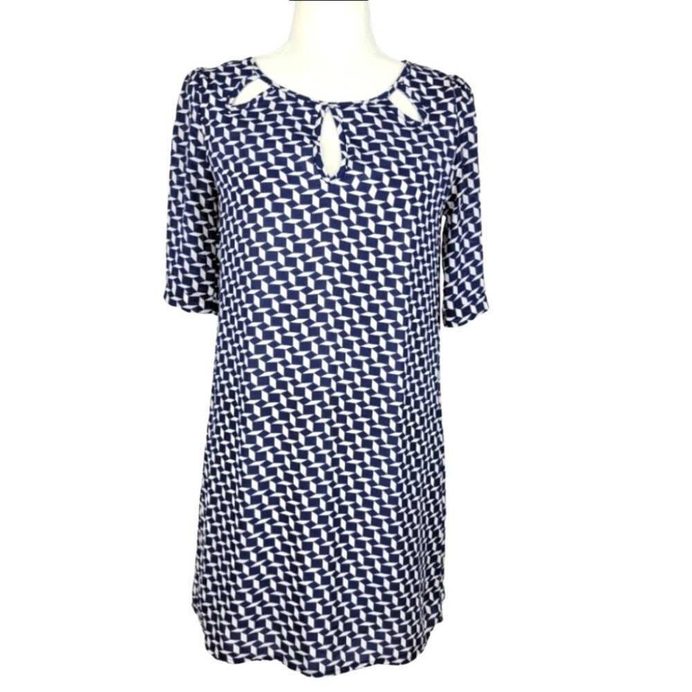Anthropologie Needle & Thread Womens Size Small Shift Dress Blue White Geometric